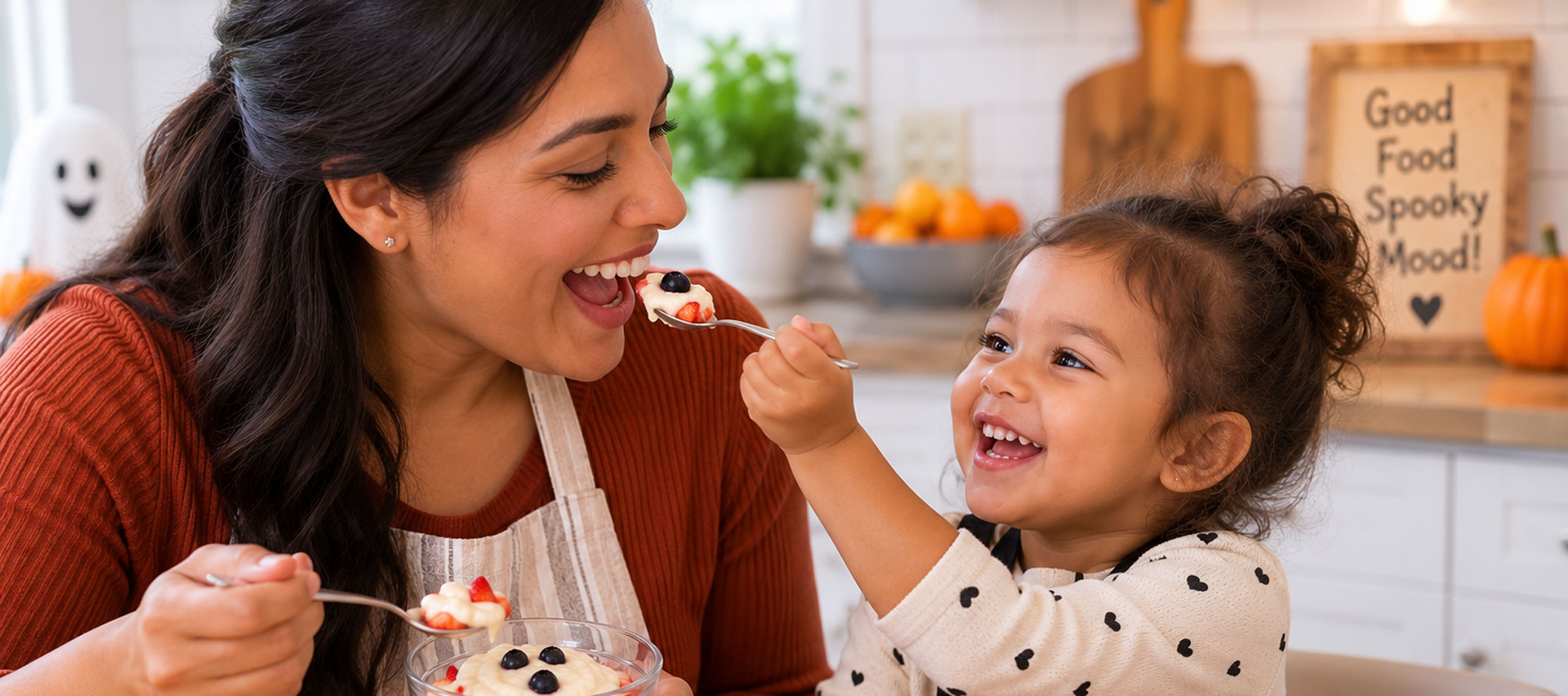 young girl feeding her mother a spoonful of fruit yogurt in a Halloween-themed kitchen