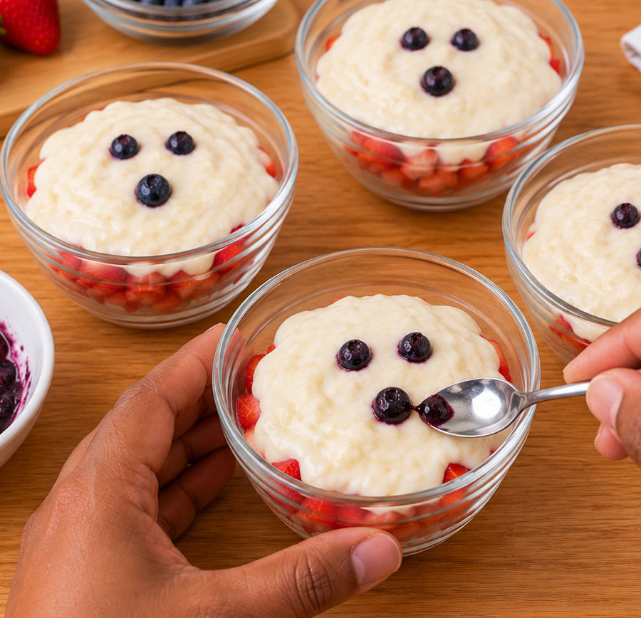 Adding Blueberry faces ghost pudding