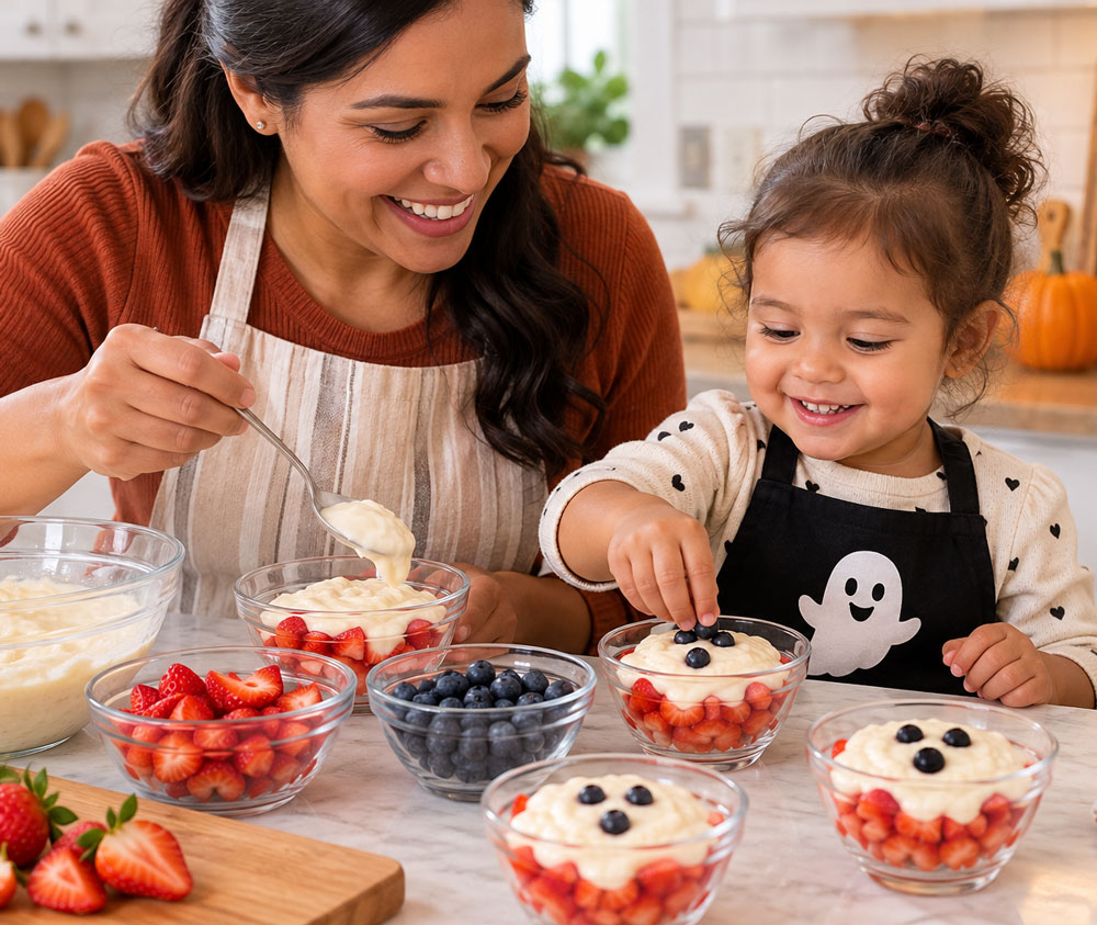 mom toddler making ghost pudding cups