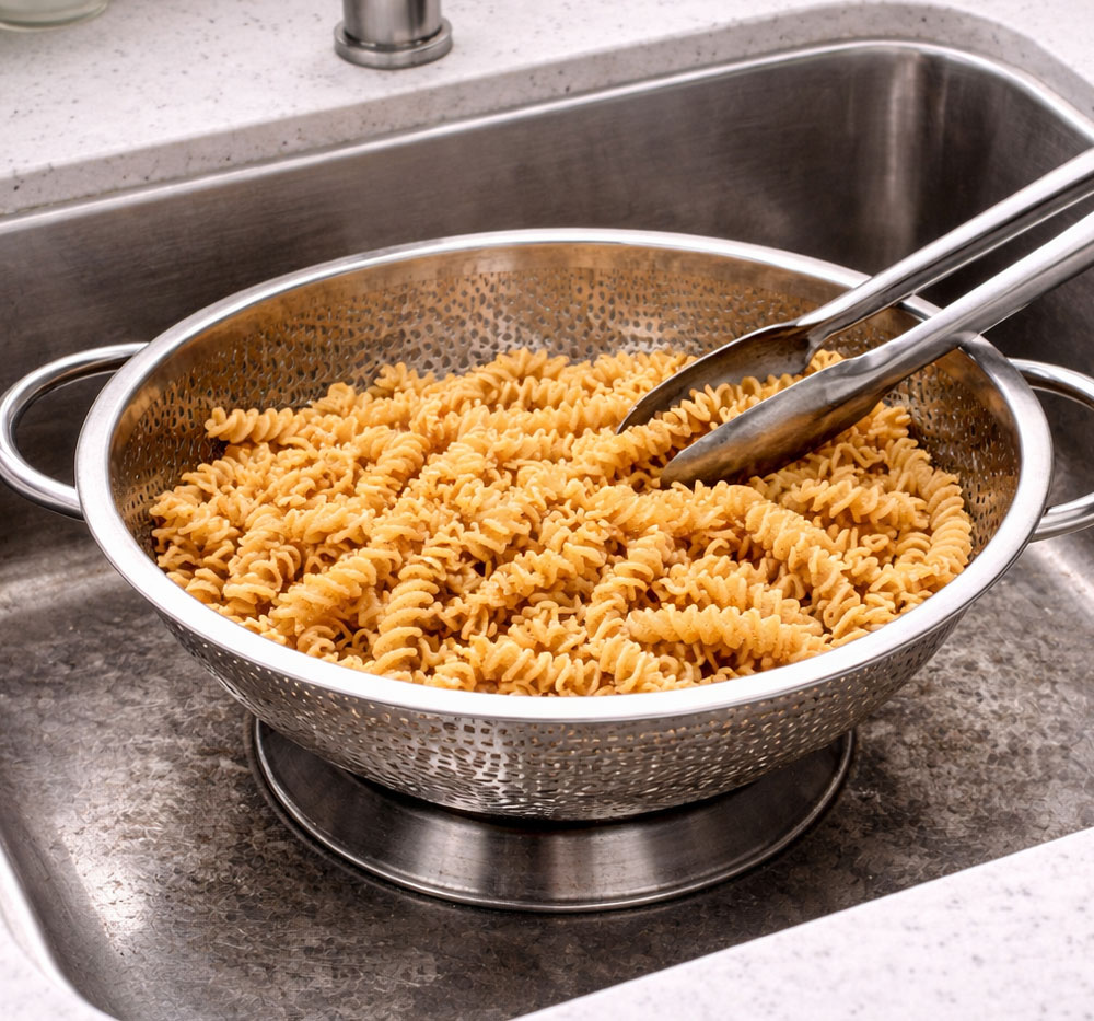 Cooked Rotini Pasta Being Drained Meta
