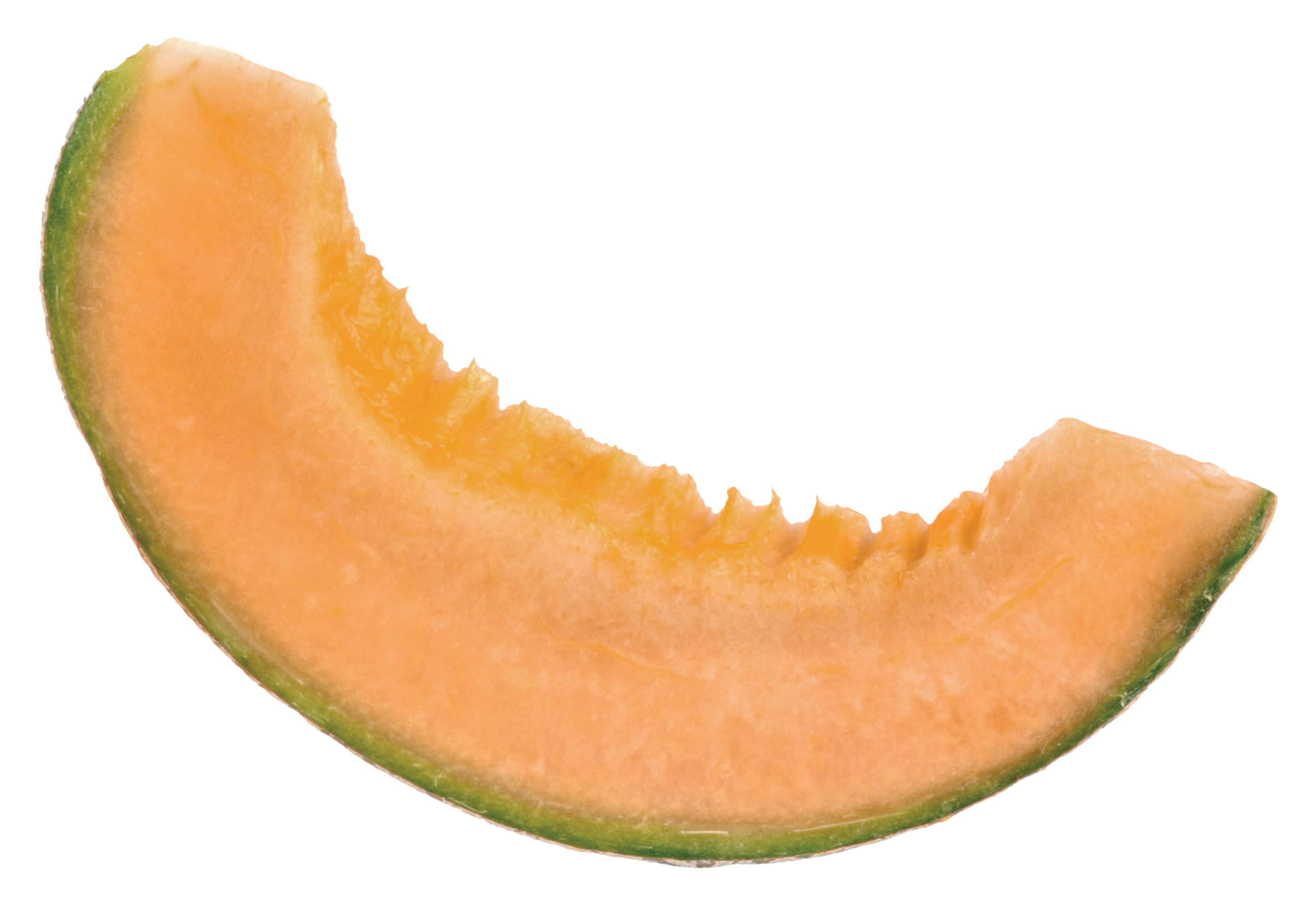 Cantaloupe slice with bite missing, on white background.