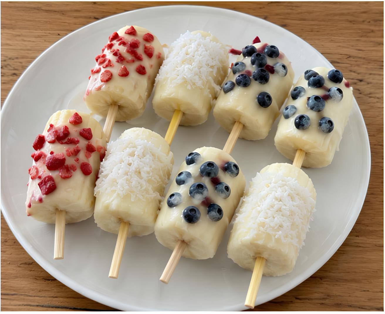 Frozen yogurt-dipped banana pops with berries and coconut