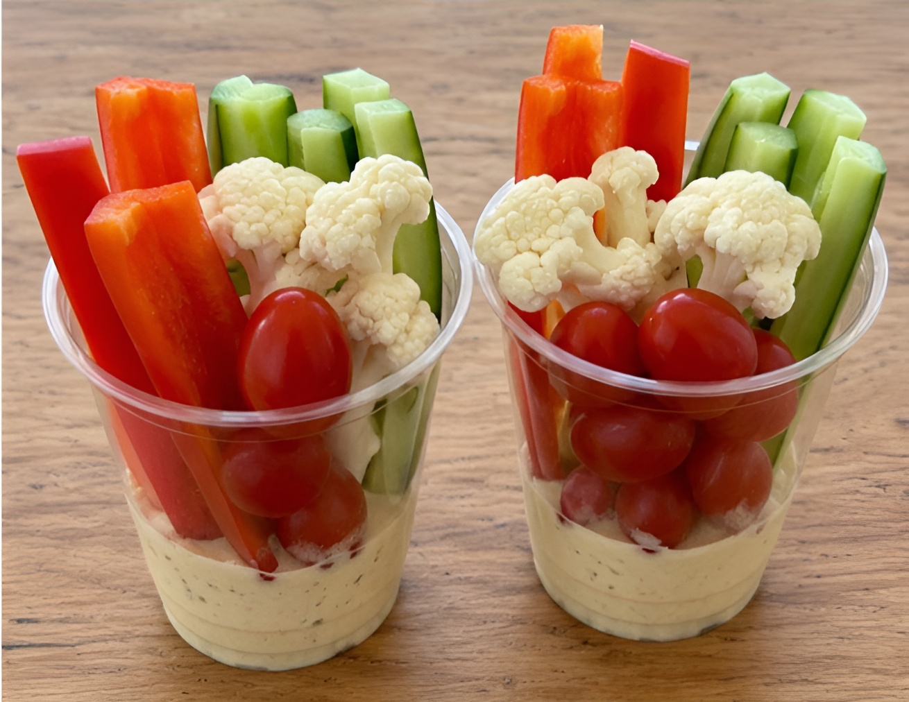 Veggie sticks and cherry tomatoes in cups with hummus