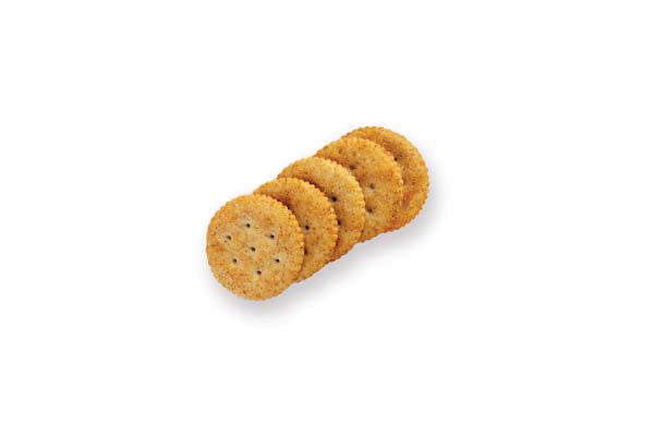 Four round crackers arranged in a neat row