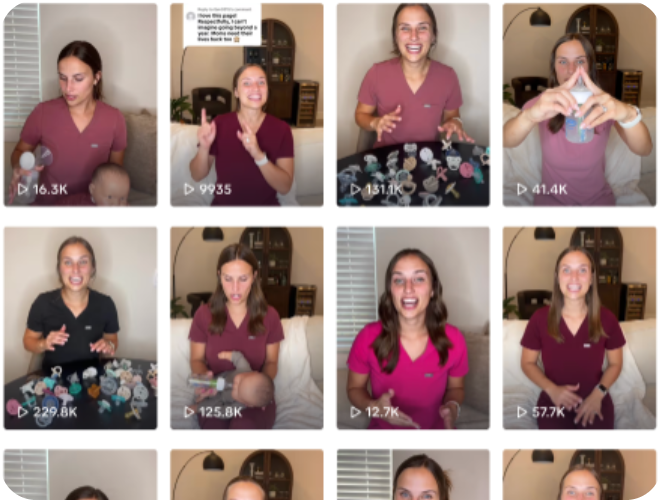 Woman demonstrating baby products in several online video thumbnails