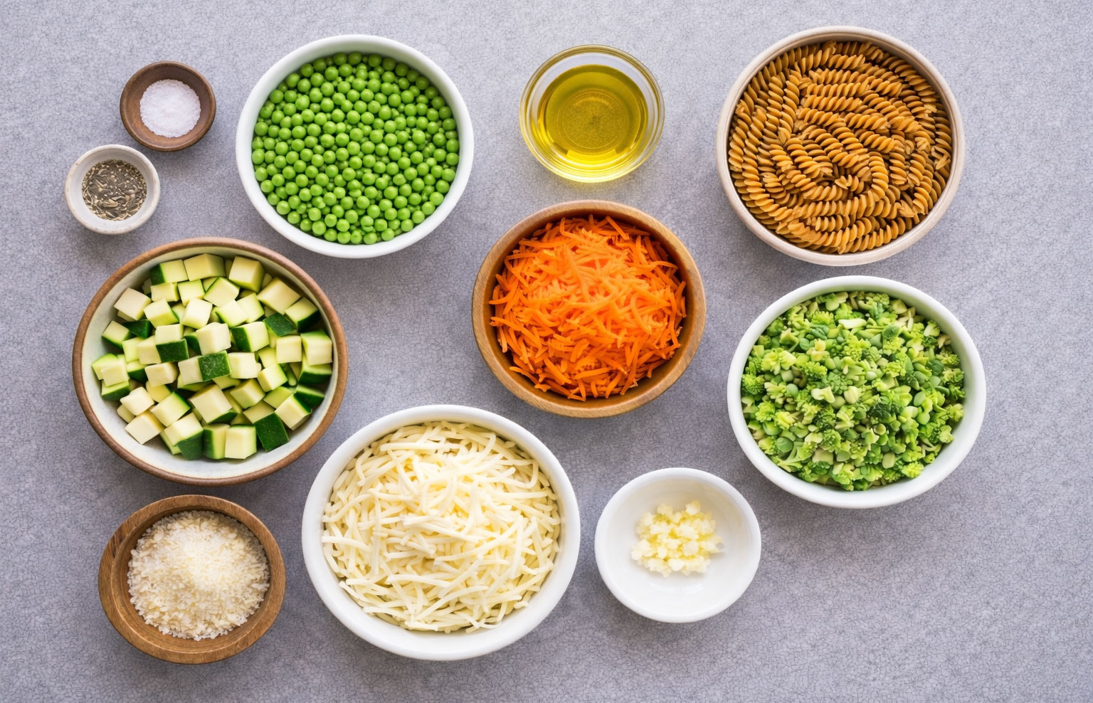 Bowls of pasta peas zucchini carrots cheese on a table