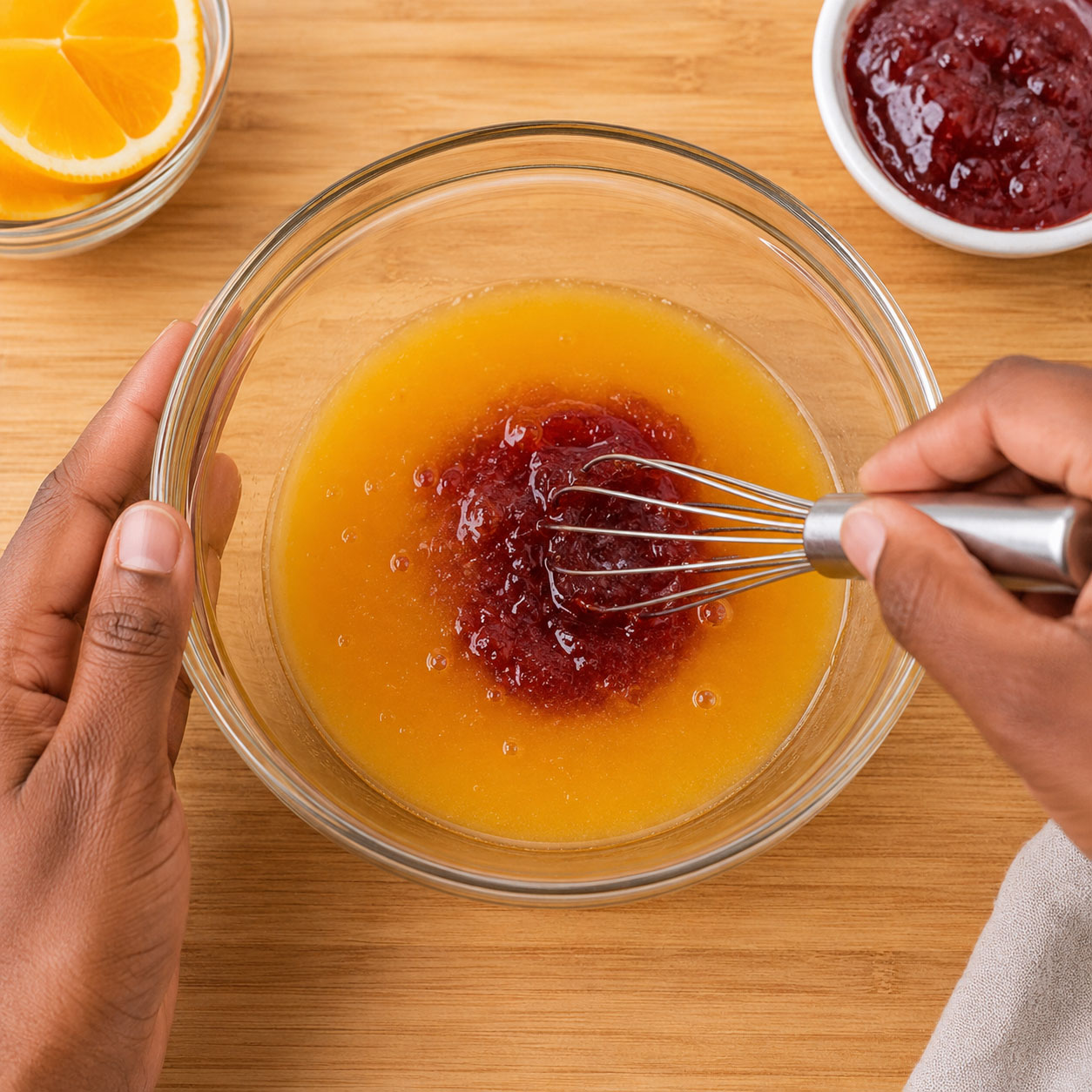 Whisk mixing fruit preserves into orange juice