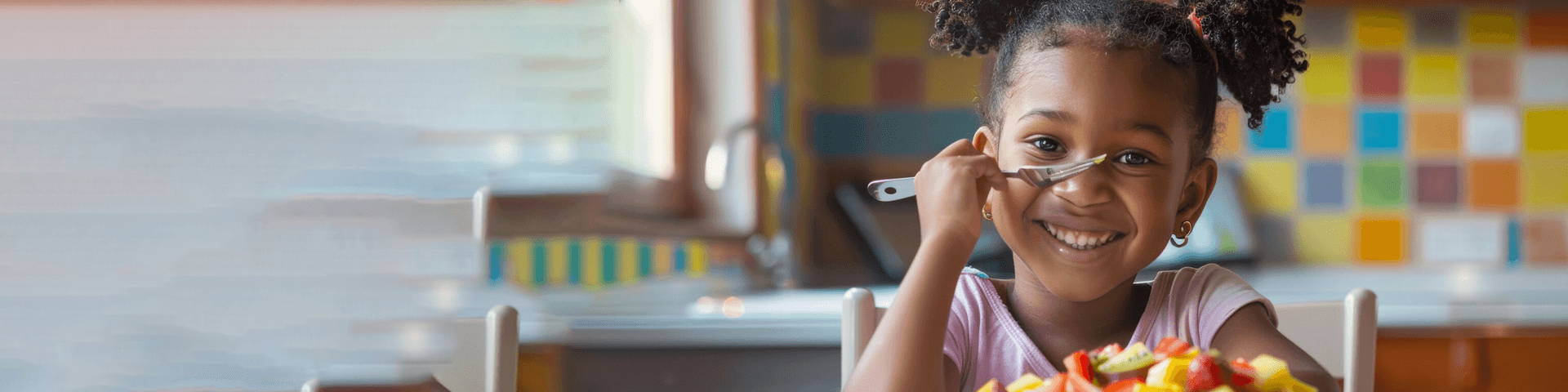 Girl Enjoying Fruit Bowl in Kitchen Reverse