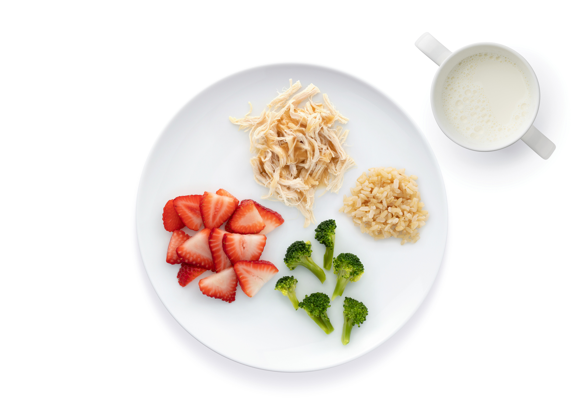 strawberries, shredded chicken, broccoli, and brown rice.
