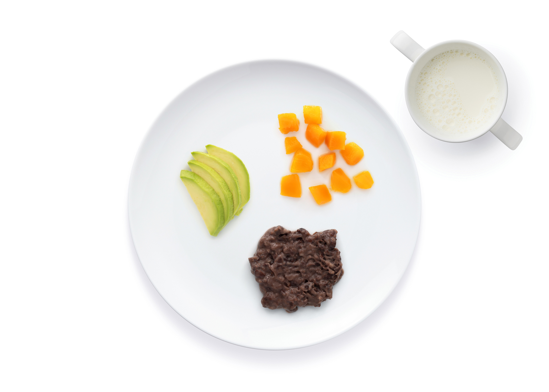 sliced avocado, diced mango, mashed beans.