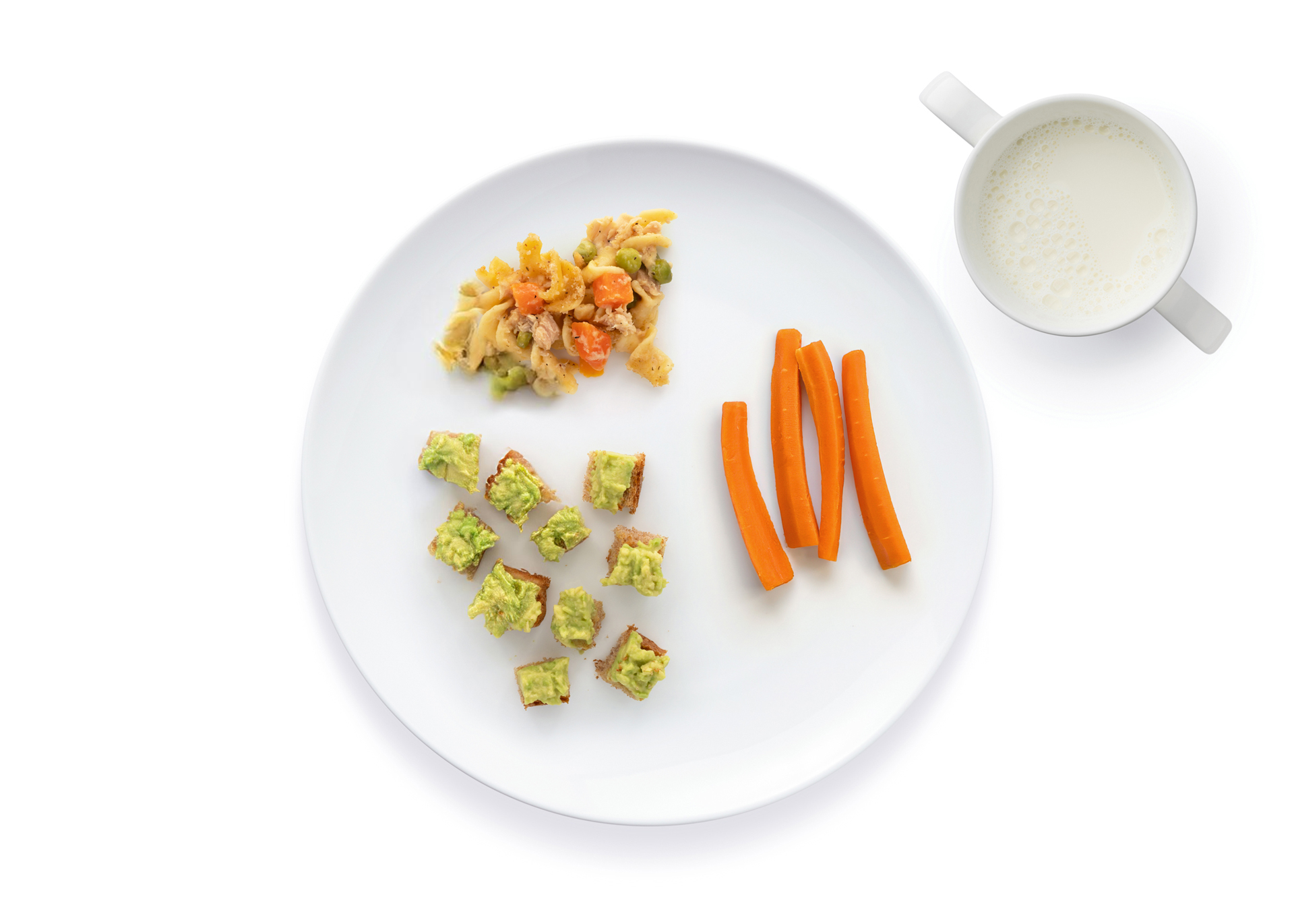 plate with pasta, carrot sticks, avocado toast bites