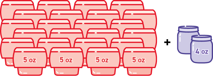 Twenty-four 2.5-ounce baby food 2-packs plus two 4-ounce jars equal 128 ounces